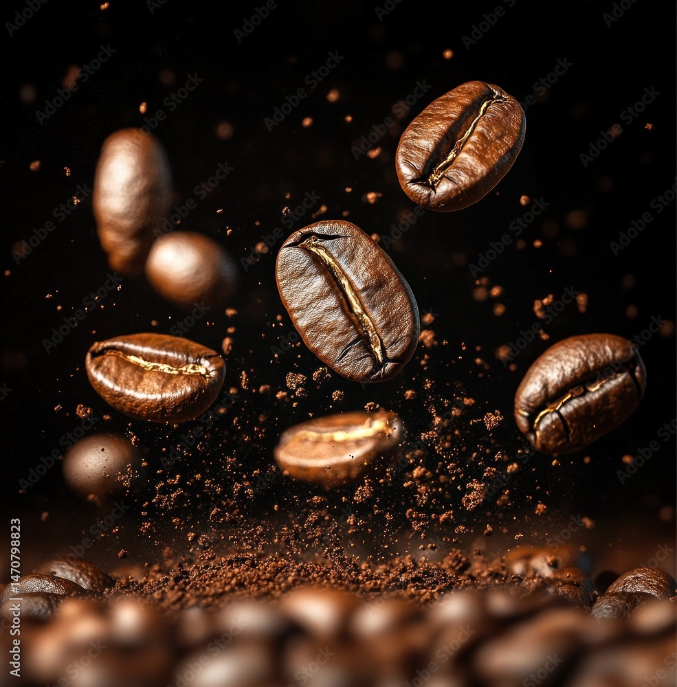 Close-up of roasted coffee beans and coffee grounds suspended in mid-air against a dark background, showcasing texture and rich brown tones Close-up of roasted coffee beans and coffee grounds suspended in mid-air against a dark background, showcasing texture and rich brown tones