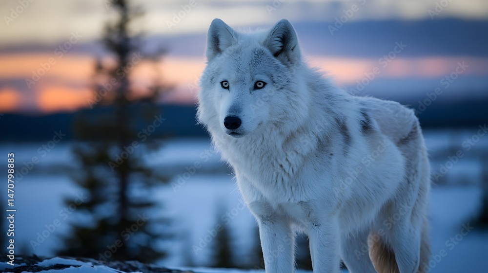 Obraz premium A majestic white wolf stands proudly in a snowy, winter landscape, bathed in the soft light of dusk. Its piercing blue eyes convey intelligence and wildness.