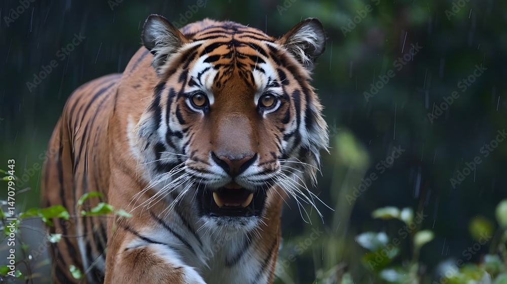 Fototapeta premium A tiger with striking stripes walks towards the camera, its gaze intense and captivating, with a vibrant jungle in the background.