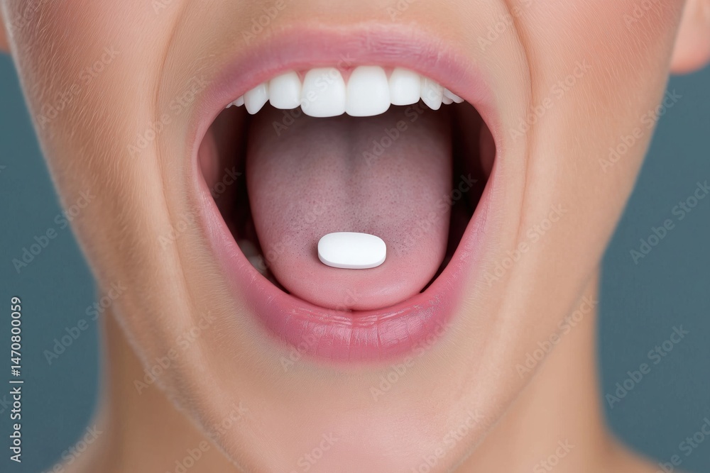 Obraz premium Close-up of open mouth with white pill on tongue against blue background