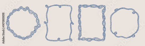 Hand drawn rope frame set. Round and rectangular borders. Wavy doodles. Cute sketch isolated. Graphic decoration.