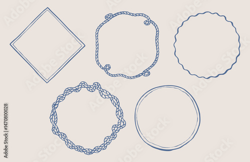 Round and square hand drawn frame set. Wavy rope doodle. Curvy, trendy borders. Cute sketch isolated. Graphic decoration.