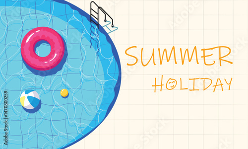 Aerial Drone View of a Crystal Blue Swimming Pool with Colorful Inflatable Rings and Toys - Summer Fun, Vacation, Outdoor Leisure Concept