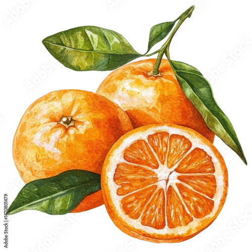 Vibrant watercolor drawing of fresh oranges with leaves on a transparent background showcasing their natural beauty and color, oranges in drawing isolated on transparent background
