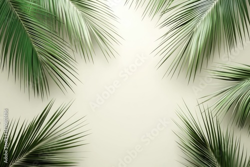 Fresh palm leaves arranged in a frame on a cream background
