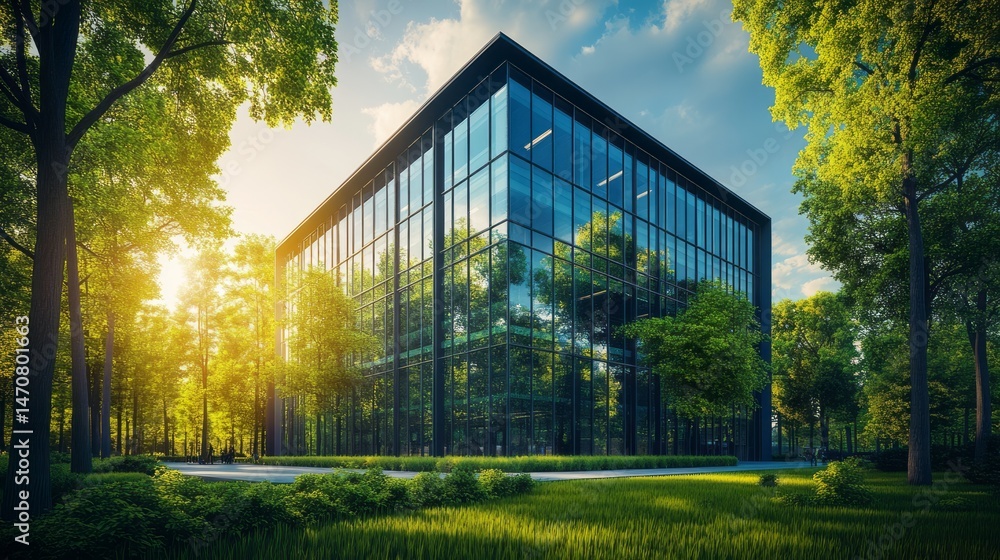 Modern office building surrounded by lush greenery under a bright sunlight. Modern office building surrounded by lush greenery under a bright sunlight.