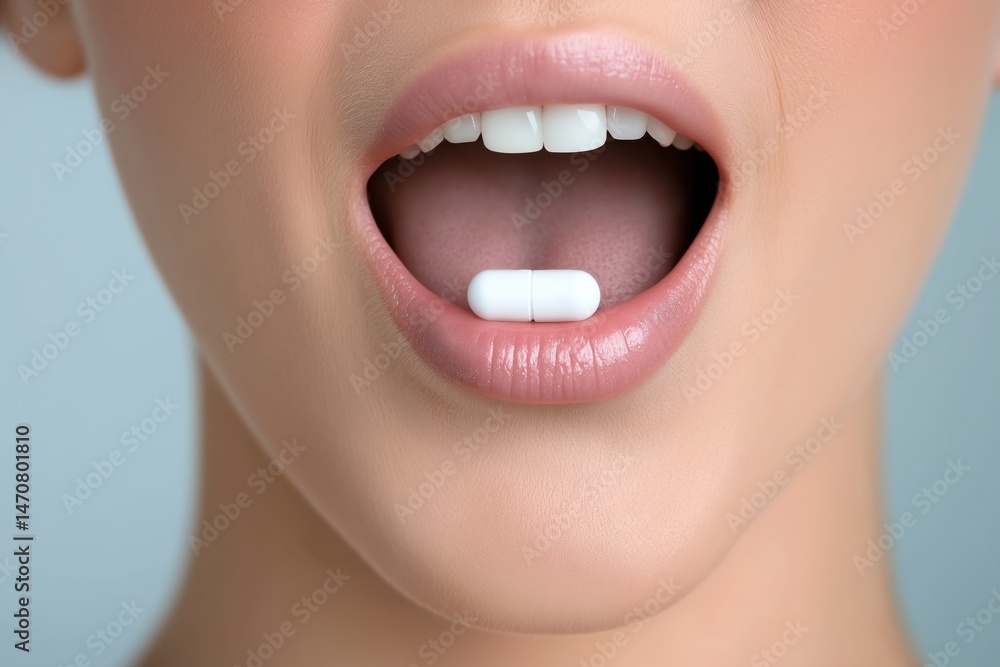 Fototapeta premium Close-up of female mouth holding white pill on light blue background