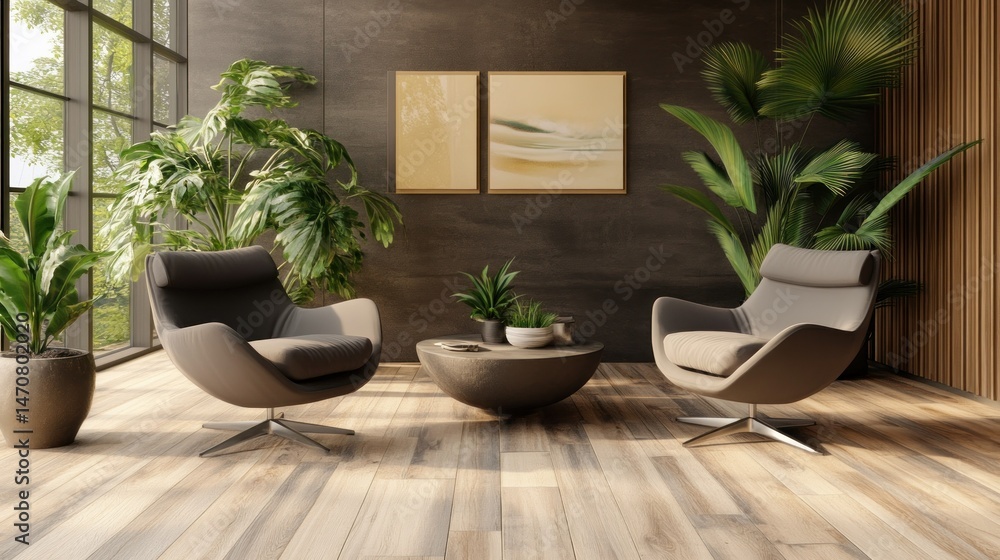 Two modern armchairs and plants in an interior living space Two modern armchairs and plants in an interior living space