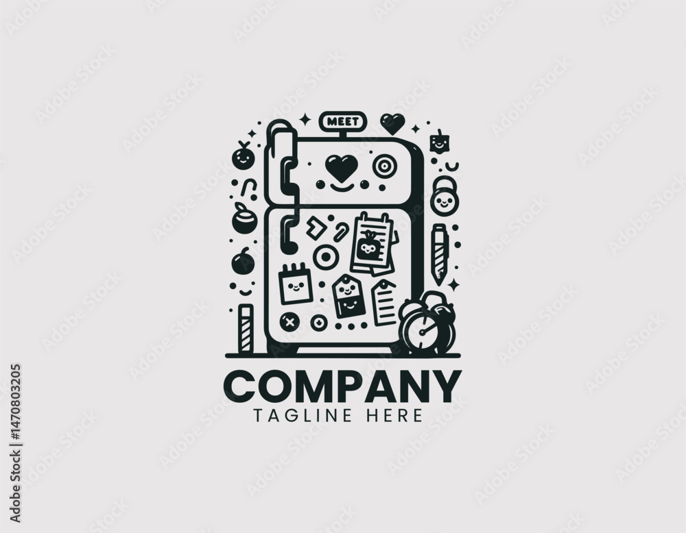 Cute Refrigerator with Magnets Notes on Door Vector Logo Design, Funny Fridge with Magnets Messages Vector Logo Cute Refrigerator with Magnets Notes on Door Vector Logo Design, Funny Fridge with Magnets Messages Vector Logo