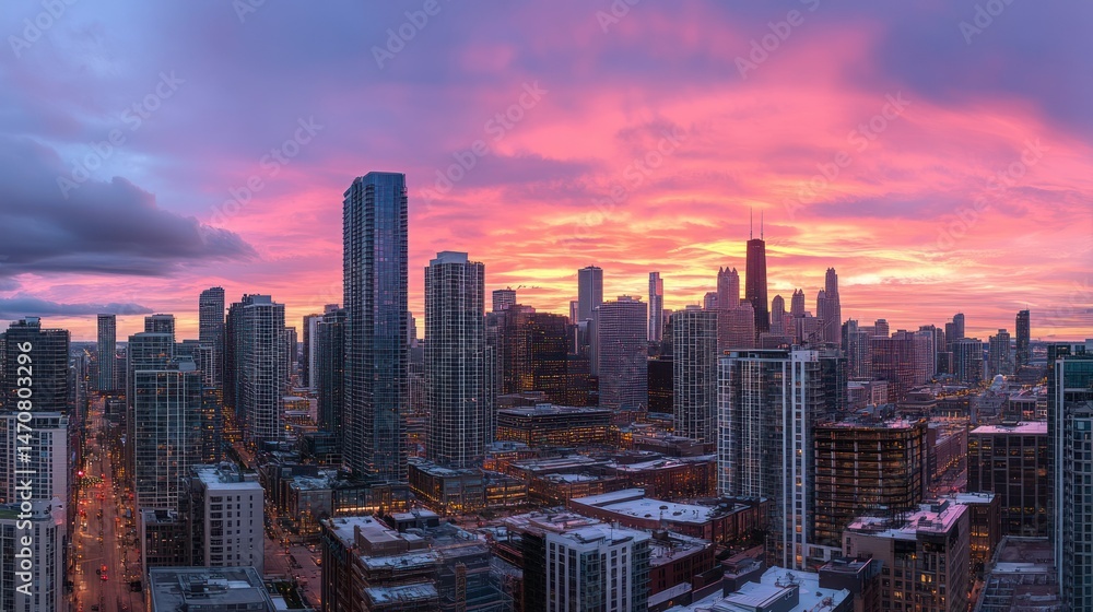 Fototapeta premium Beautiful urban skyline at sunset with colorful illuminated skies