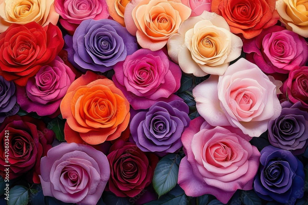 Fototapeta premium A vibrant and colorful assortment of blooming roses in various shades including red, pink, orange, cream, and purple, arranged closely together to create a cheerful and lively floral display