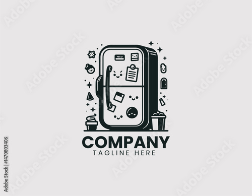 Cute Refrigerator with Magnets Notes on Door Vector Logo Design, Funny Fridge with Magnets Messages Vector Logo