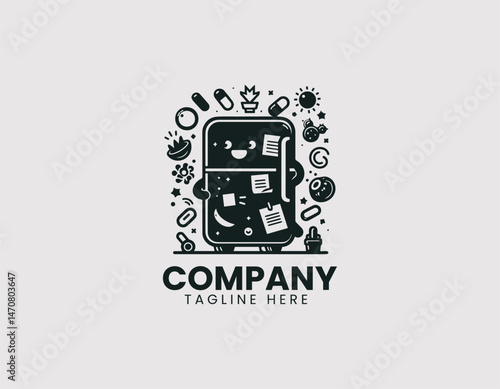 Cute Refrigerator with Magnets Notes on Door Vector Logo Design, Funny Fridge with Magnets Messages Vector Logo