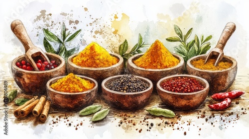 Fototapeta Naklejka Na Ścianę i Meble -  Colorful spice collection in wooden bowls.