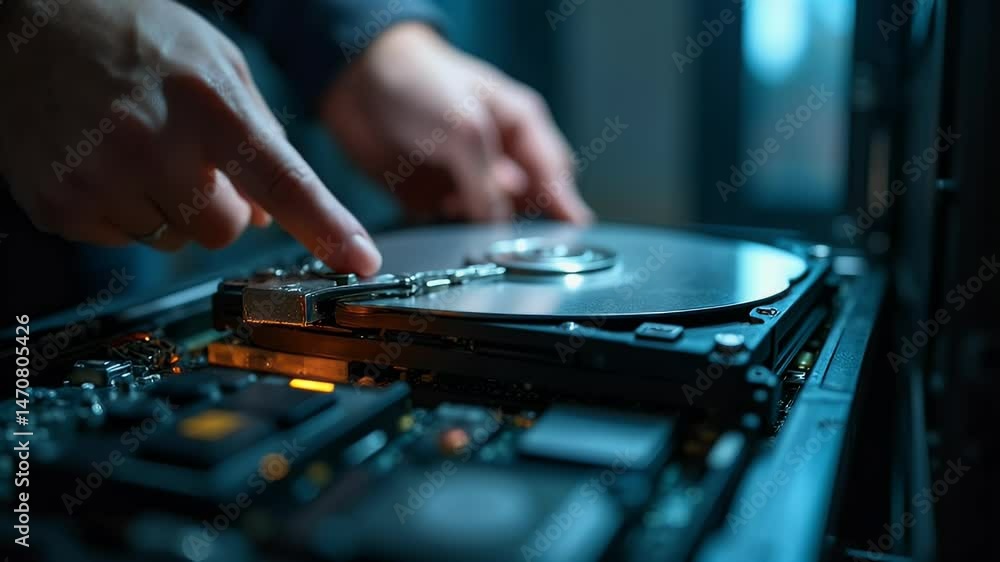 A close-up of a technician's hands working on a hard drive in a dimly lit lab, showcasing technology and precision A close-up of a technician's hands working on a hard drive in a dimly lit lab, showcasing technology and precision