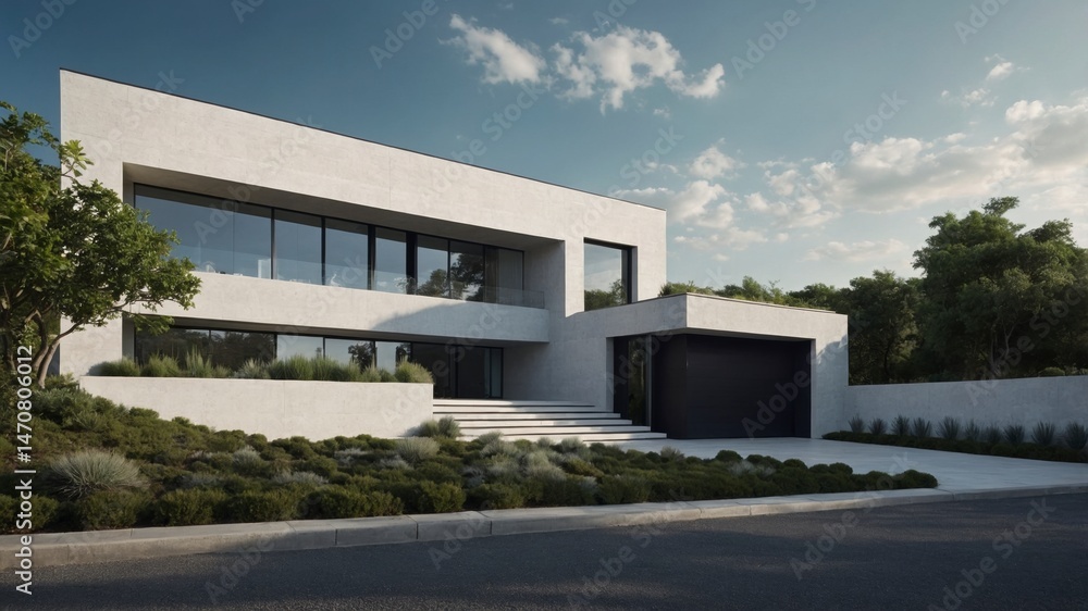 Modern house with a striking white brick exterior and unique architectural style offering a contemporary approach to home design Modern house with a striking white brick exterior and unique architectural style offering a contemporary approach to home design