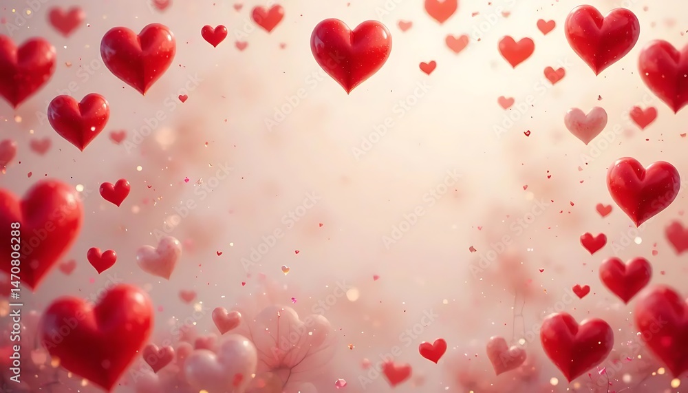Obraz premium Romantic background featuring 3D pink and red hearts scattered around a soft pink backdrop with empty space in the center, perfect for Valentine's Day, love-themed messages, or greeting cards.