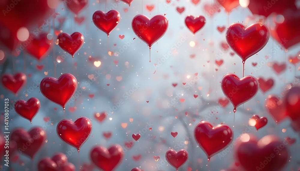 Obraz premium Romantic background featuring 3D pink and red hearts scattered around a soft pink backdrop with empty space in the center, perfect for Valentine's Day, love-themed messages, or greeting cards.
