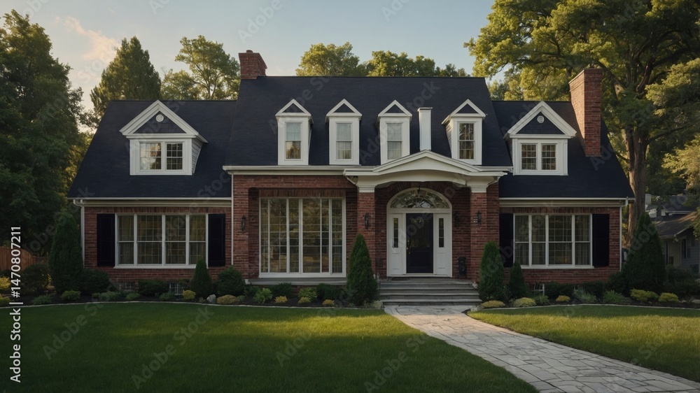 Obraz premium Charming two-story suburban colonial revival style house surrounded by lush greenery and a welcoming front yard with classic architecture