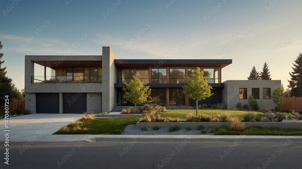Obraz premium Sleek and modern two-story house in the suburbs of denver showcasing contemporary design elements with clean lines and expansive