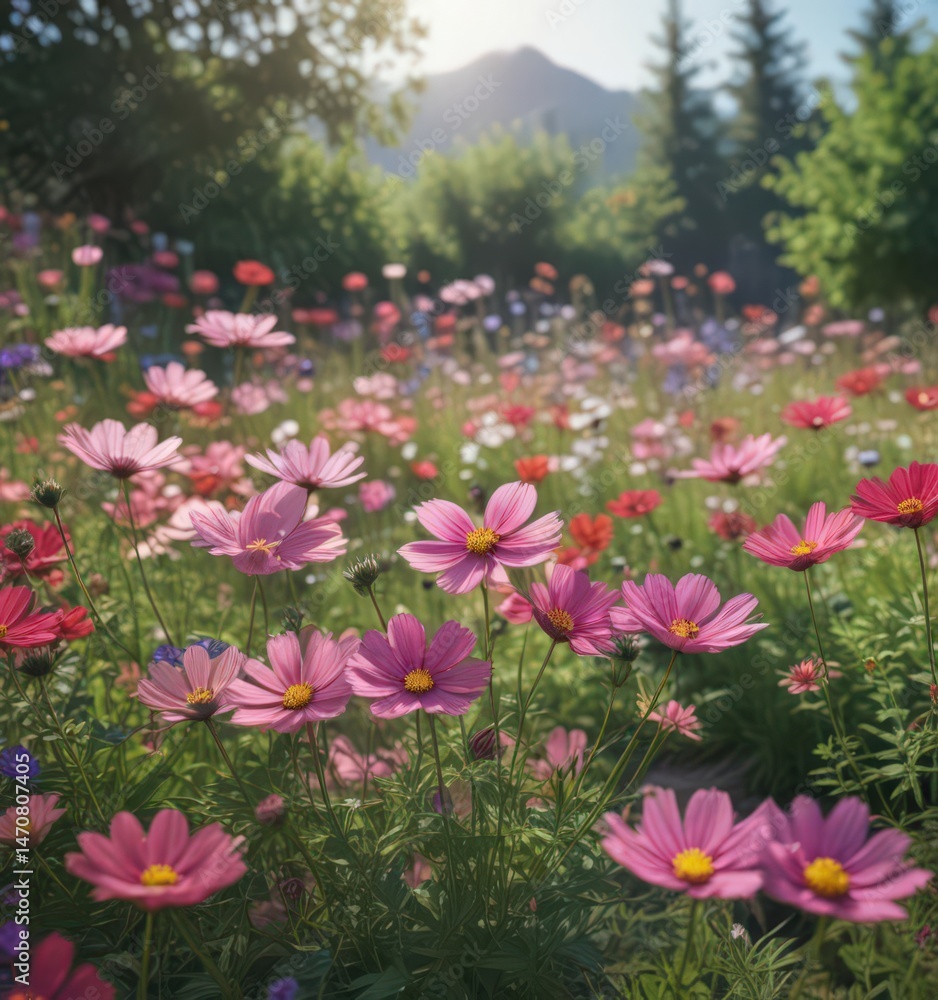 Fototapeta premium Vibrant cosmos flowers blooming in a lush garden , wildflower, background