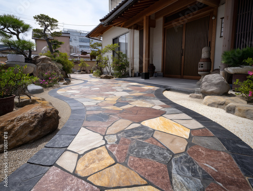 Canvastavla 日本家屋の玄関アプローチに敷かれた乱形石と植栽の美しい外構