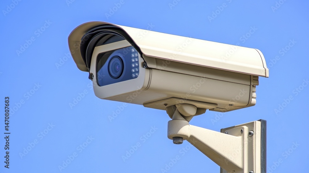 Wall-mounted closed-circuit camera overlooking building entrance under clear blue sky Wall-mounted closed-circuit camera overlooking building entrance under clear blue sky
