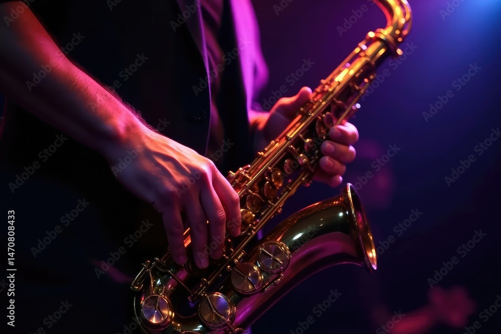 Obraz premium Close-up of a saxophone, gleaming under stage lights, ready to play , golden, musical, dark
