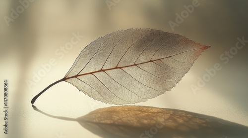 Translucent Skeletal Leaf with Intricate Venation on Soft Lit Background
