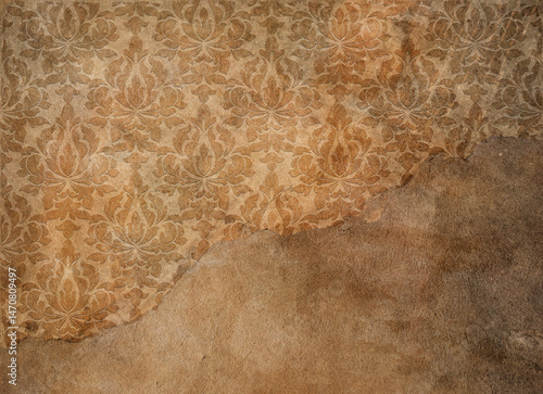 Aged damaged concrete wall and part decorative plaster for background design.