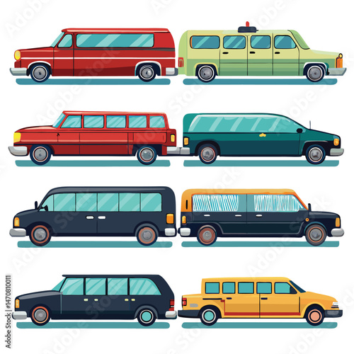 Nine classic limousine  arranged on a white background.