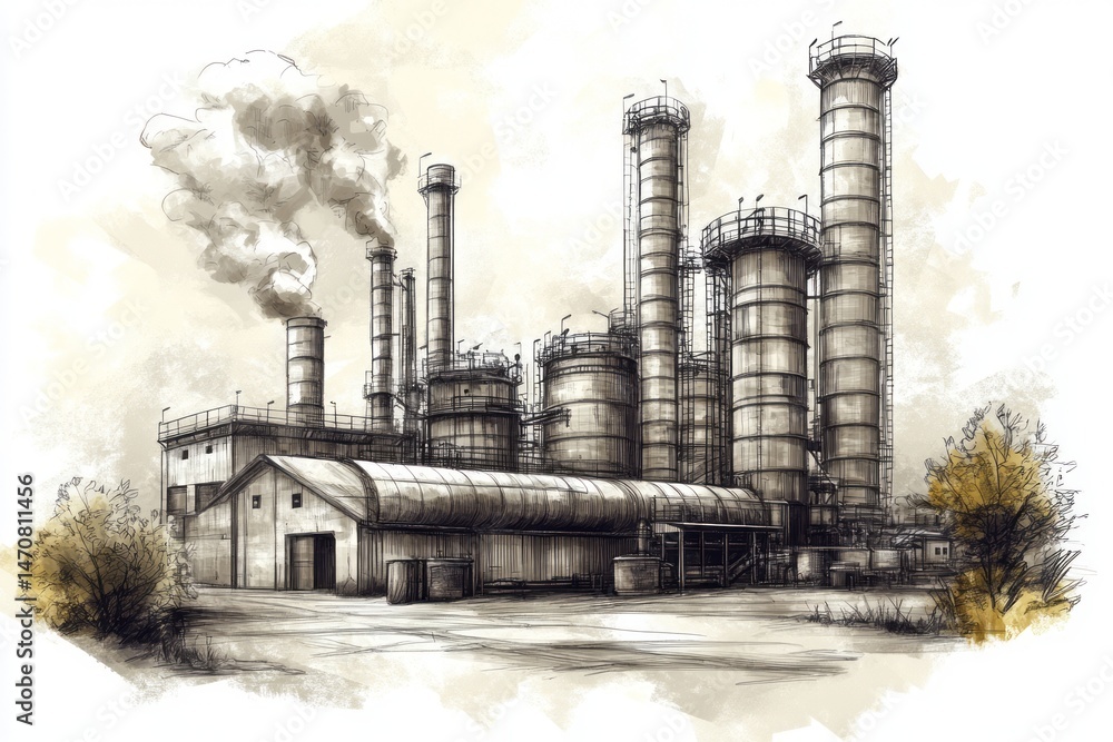 Obraz premium Industrial complex drawing in muted tones.