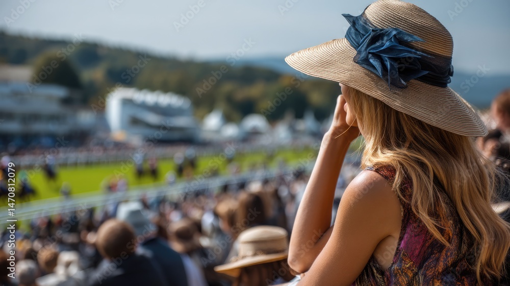 Obraz premium A group of female friends enjoy a day out at a horse derby cup celebration, Depiction of Melbourne Cup celebrations wearing fancy hats and stylish horse track attire.
