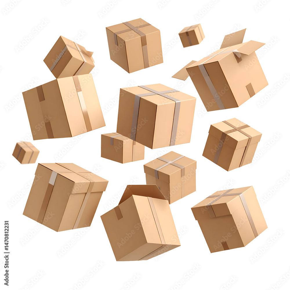 Fototapeta premium Dynamic assemblage of cardboard boxes against a stark, contrasting backdrop