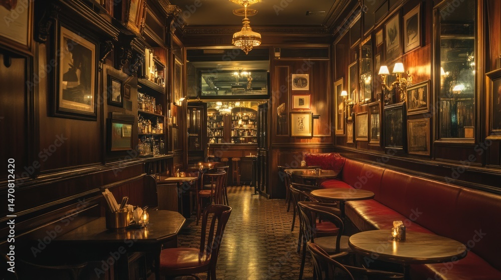 An interior photograph of a dimly lit classic bar scene An interior photograph of a dimly lit classic bar scene