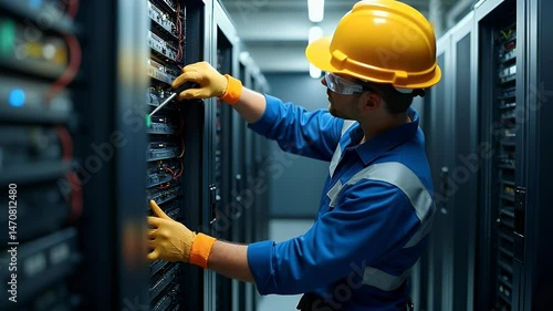 Technician in safety gear works on server racks in a data center, with cables and equipment in the background