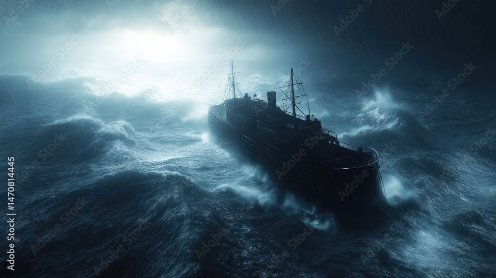 Fototapeta premium Dark ship in stormy clouds