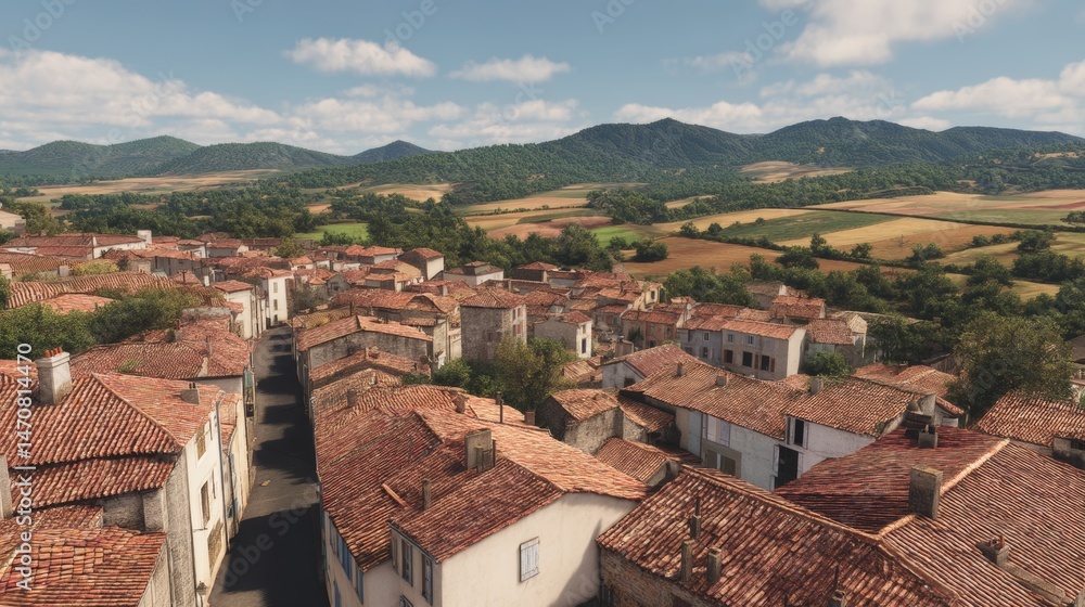 Obraz premium Southern French village with red rooftops and mountain backdrop in golden afternoon sunlight
