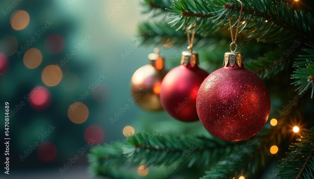 Fototapeta premium Sparkling Christmas tree ornaments hanging on a decorated tree branch , christmas spirit, celebratory