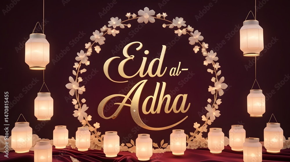 Naklejka premium Elegant Eid al Adha Greeting Card with Golden Lights. Festive Eid al Adha greeting card featuring golden ornaments, glowing lights, and Arabic calligraphy on a dark background.