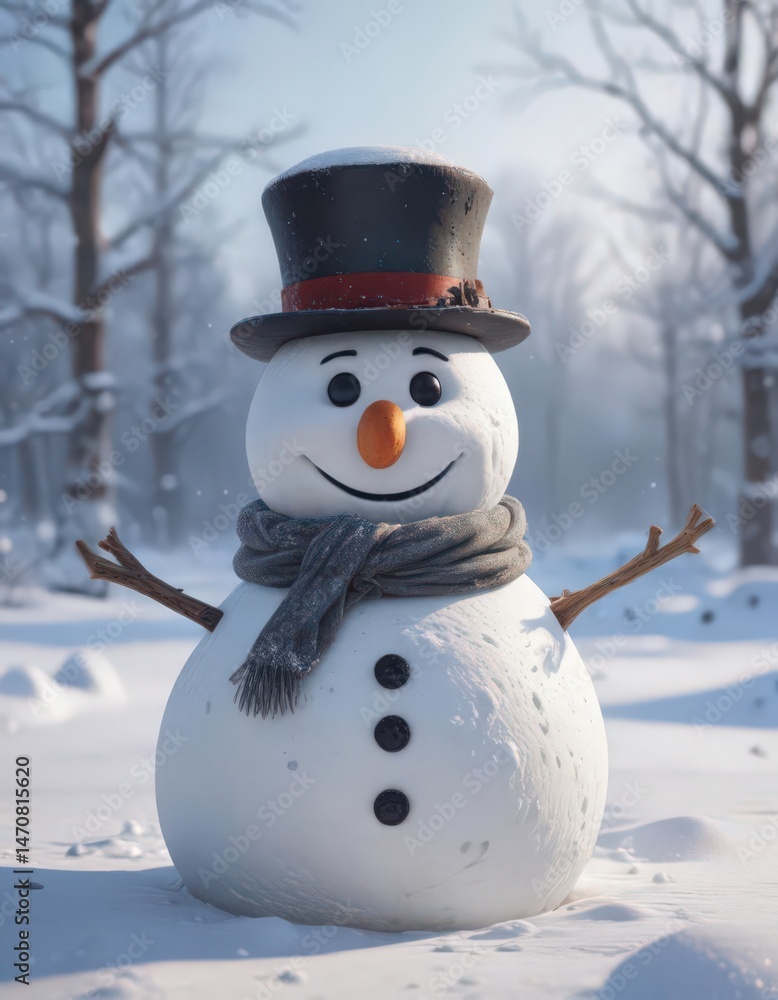 Fototapeta premium Frosty snowman amidst snow, winter gear scattered, frost, gear, winter activities