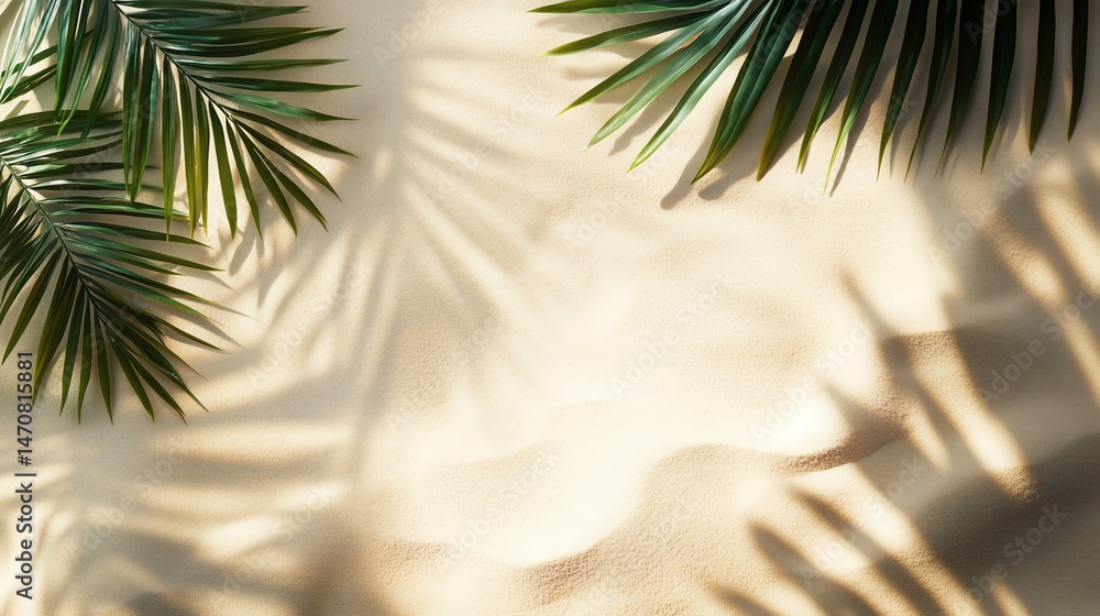 Fototapeta premium Abstract Sandy Beach with Palm Leaf Shadow and Transparent Waves, Top View Minimalist Travel Banner Design