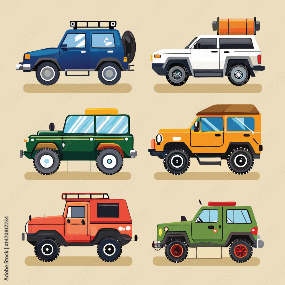 Nine classic off road vehicle arranged on white background Nine classic off road vehicle arranged on white background