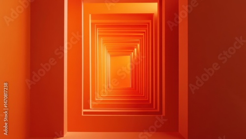 Fototapeta Naklejka Na Ścianę i Meble -  Orange tunnel of receding rectangular shapes.  A pathway of nested,  orange rectangles leads into a brighter space.  The perspective creates a sense of depth and narrowing