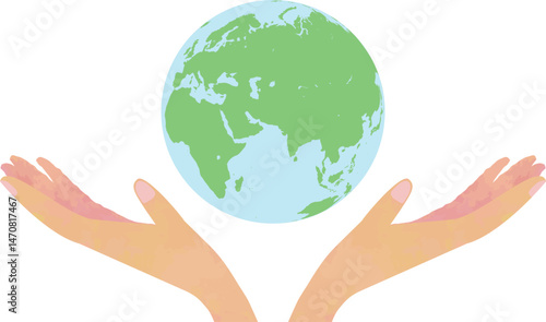 優しく地球を包む手とユーラシア・アフリカ・インド洋の地球イラスト