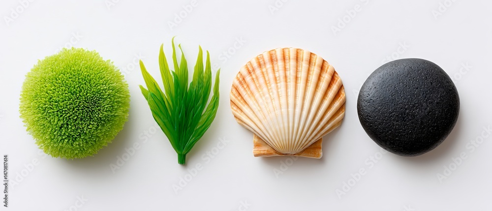 Fototapeta premium Creative flat lay design featuring marine-themed elements coastal setting visual art minimalist environment aerial perspective