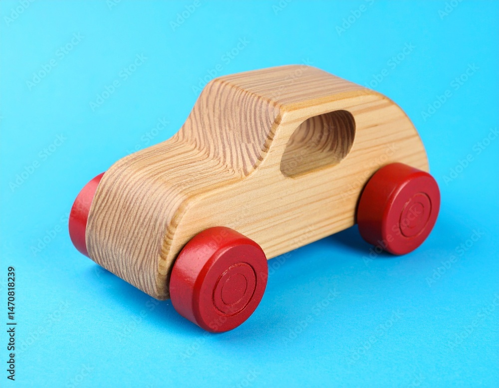 Fototapeta premium Wooden toy car on blue background