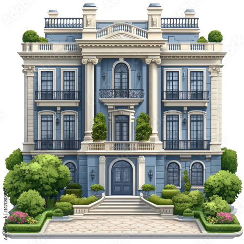 Wallpaper Mural Detailed architectural rendering of a grand three-story building facade with landscaped gardens Torontodigital.ca