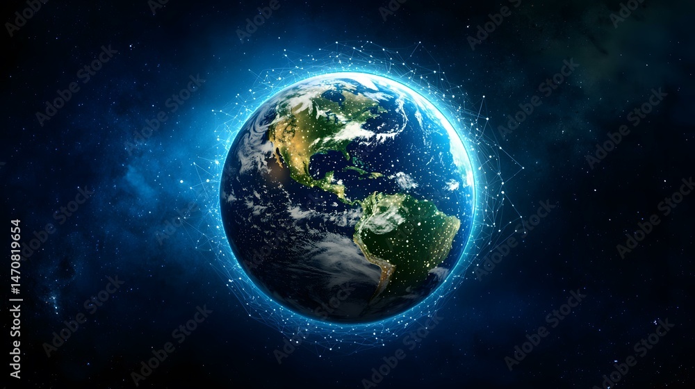 The image shows a digitally enhanced visualization of planet Earth, set against a dark space backdrop. A glowing network of interconnected lines encircles the globe, highlighting the concept of glob The image shows a digitally enhanced visualization of planet Earth, set against a dark space backdrop. A glowing network of interconnected lines encircles the globe, highlighting the concept of glob