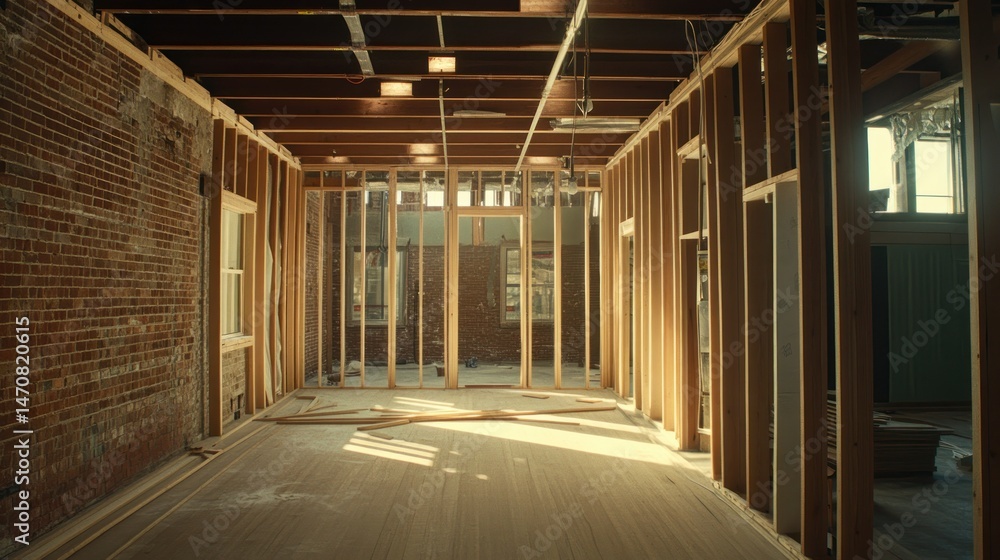 Interior of building structure under construction showing framing and brick Interior of building structure under construction showing framing and brick
